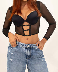 Vista previa del color NEGRO del producto Crop Top Manga Larga con Transparencias