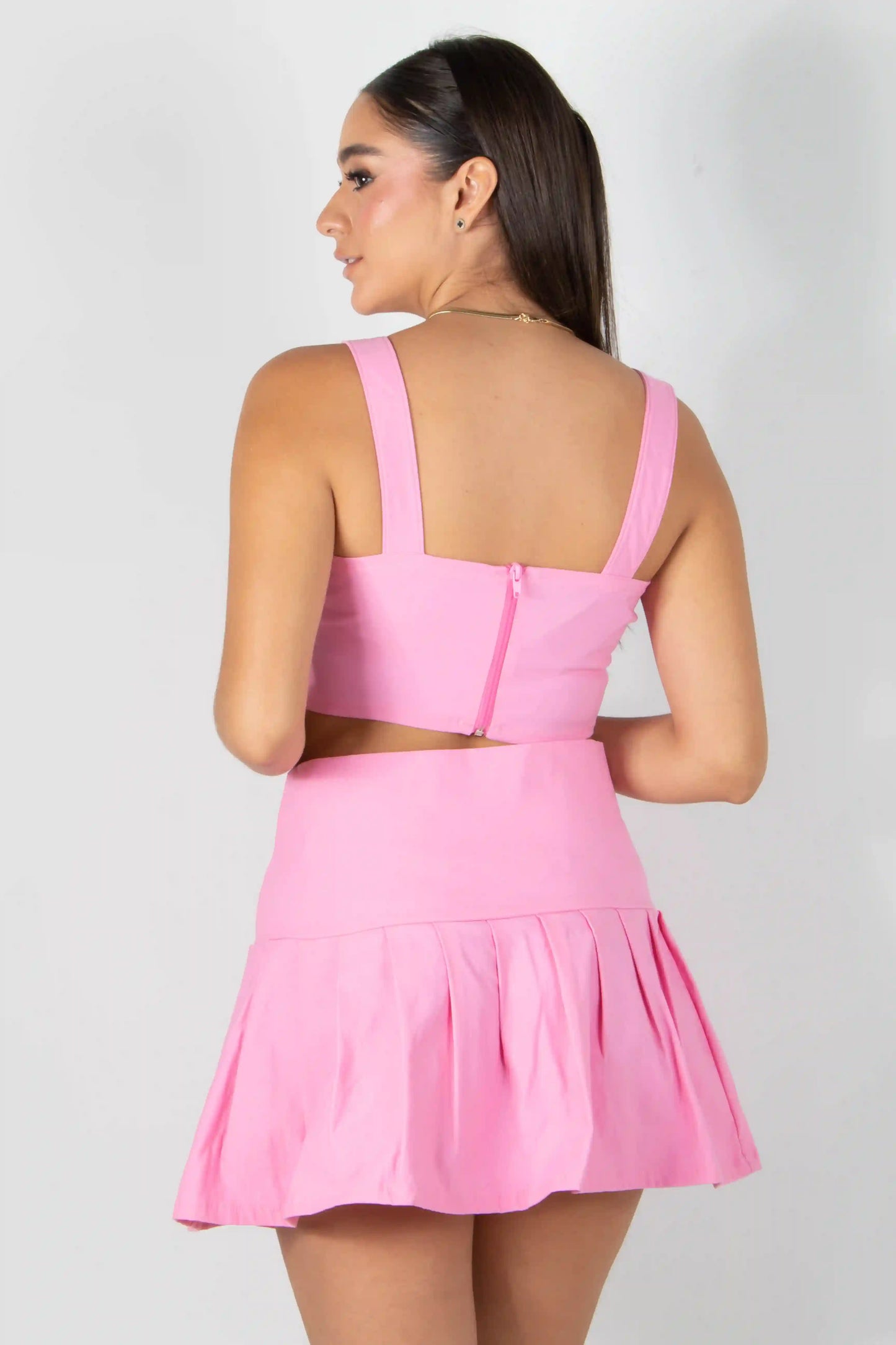 CONJUNTO DE BLUSA TIPO CORSET CON CREMALLERA POSTERIOR Y FALDA CON DECORACIONES