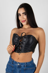 CROP TOP STRAPLES TIPO CORSET EN CUERINA