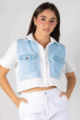 BLUSA MANGA CORTA CON CONTRASTE EN DENIM