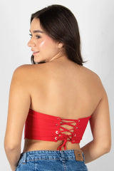 BLUSA TIPO CORSET STRAPLESS CON TIRA DE AJUSTE POSTERIOR