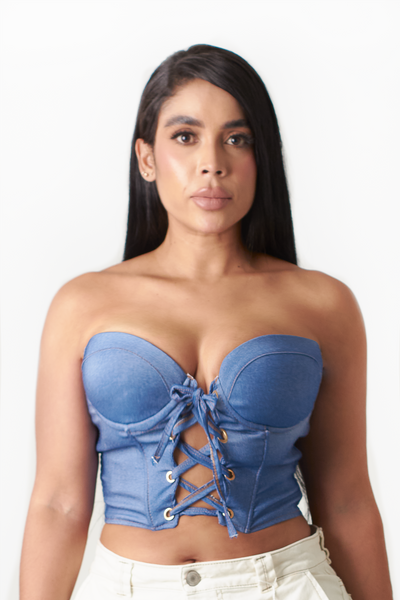 CROP TOP TIPO BUSTIER EN DENIM CON AJUSTES