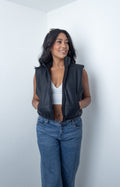 ChalecoCarolina negra acolchada para mujer, sin mangas, con cuello alto, bolsillos y cierre frontal