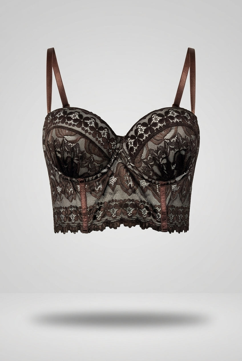 Corset Andrea para mujer corto en encaje con copas estructuradas, varillas y tirantes delgados ajustables.