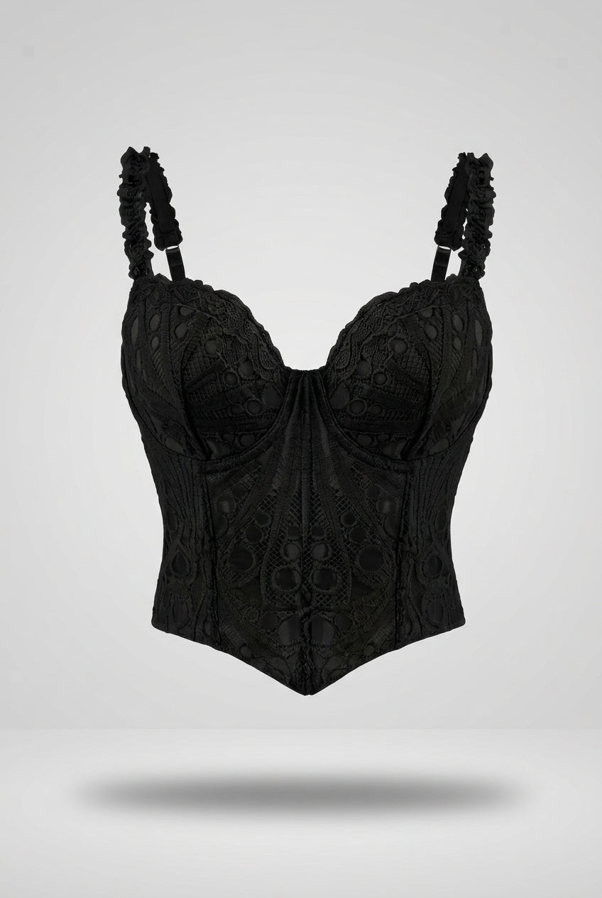 Corset Violeta para mujer en encaje bordado negro con copas estructuradas, cargaderas fruncidas y ruedo inferior en pico.