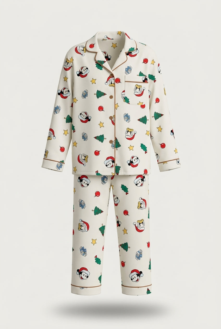 Pijama Henrietta navideña de dos piezas para mujer con camisa de botones, pantalón largo y estampado festivo de personajes y motivos decembrinos.