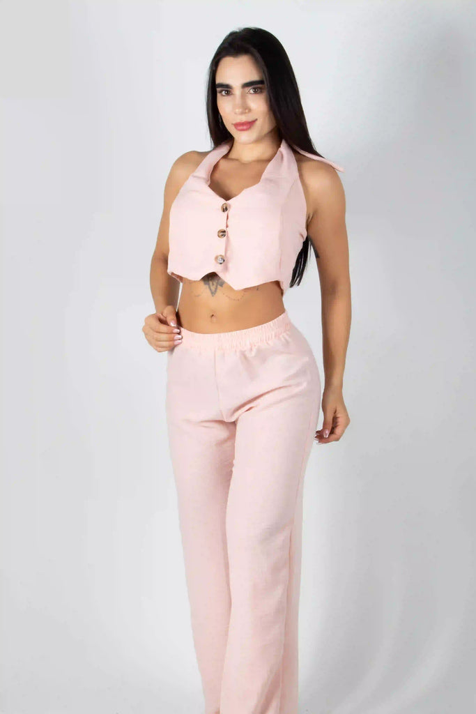 CONJUNTO DE CHALECO TIPO CROPTOP Y PANTALON BOTA RECTA