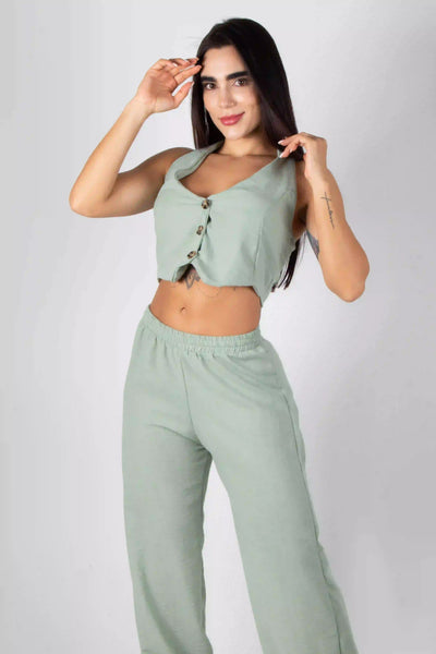 CONJUNTO DE CHALECO TIPO CROPTOP Y PANTALON BOTA RECTA
