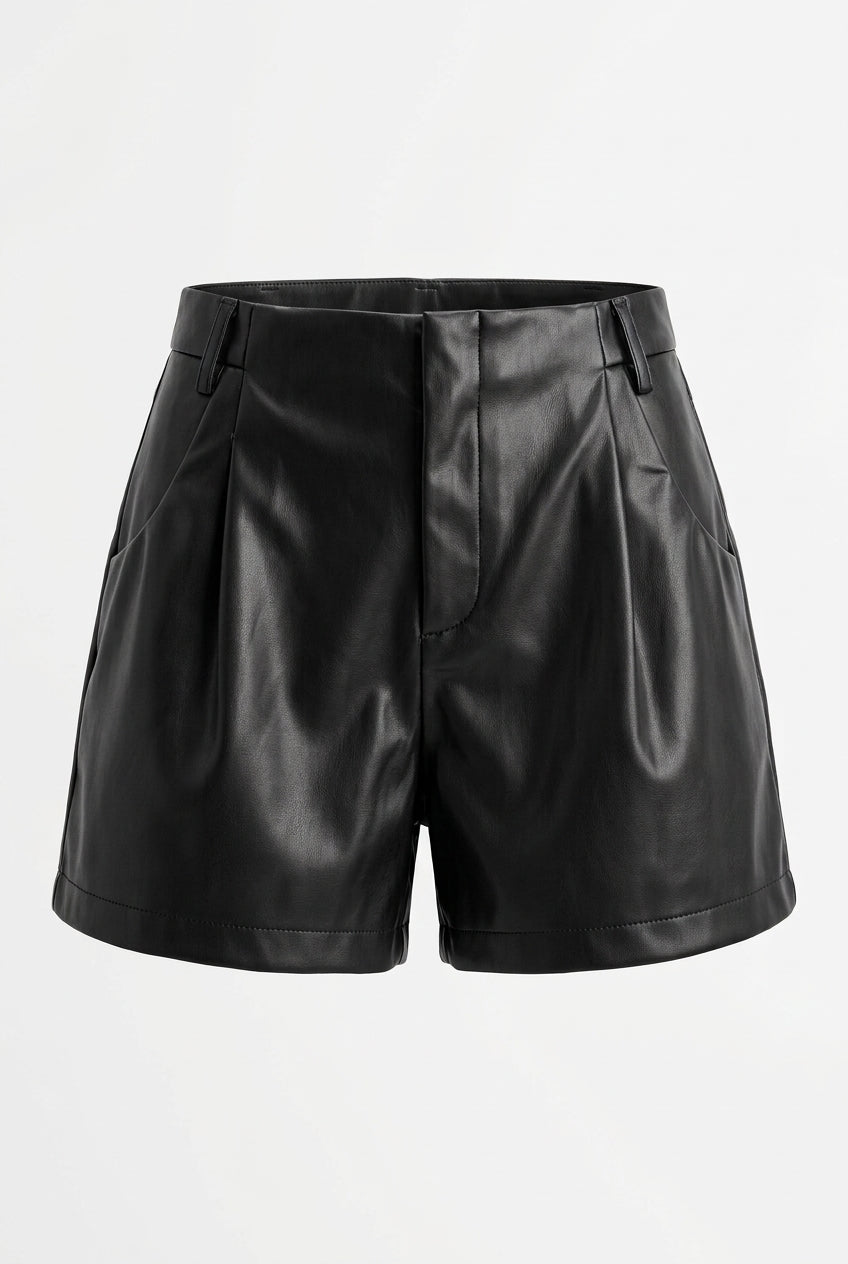 Short Andreina para mujer en sintético de cuero de tiro alto con pinzas frontales, pasadores y bolsillos laterales